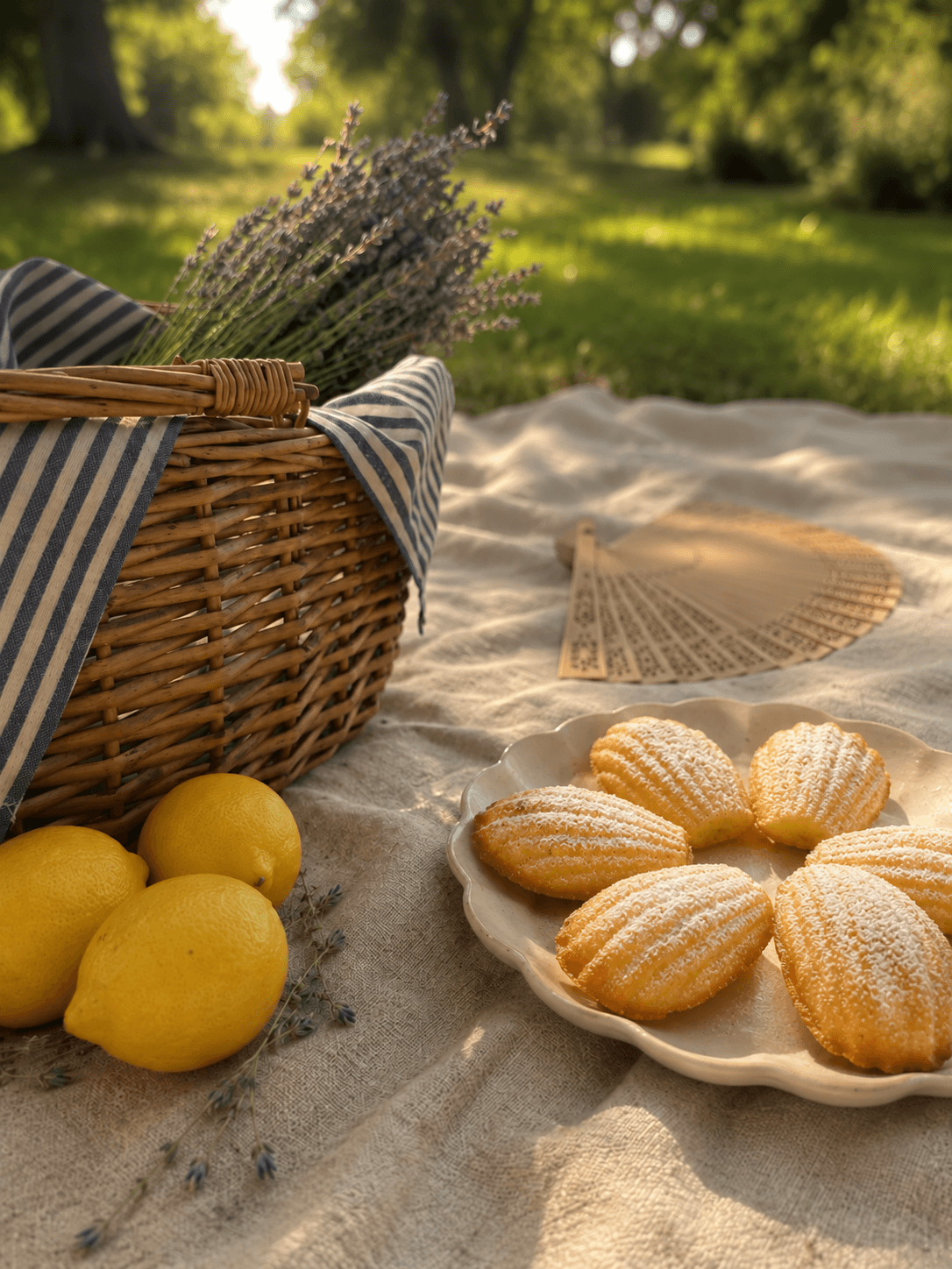 Traditional Madelia madeleines dusted with powdered sugar at a sunlit picnic